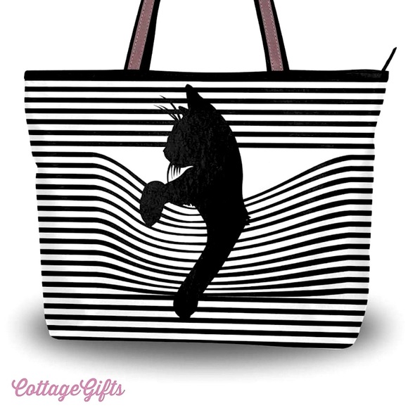 Handbags - New Optical Illusion Just Chillin’ Cat Tote black & white stripes